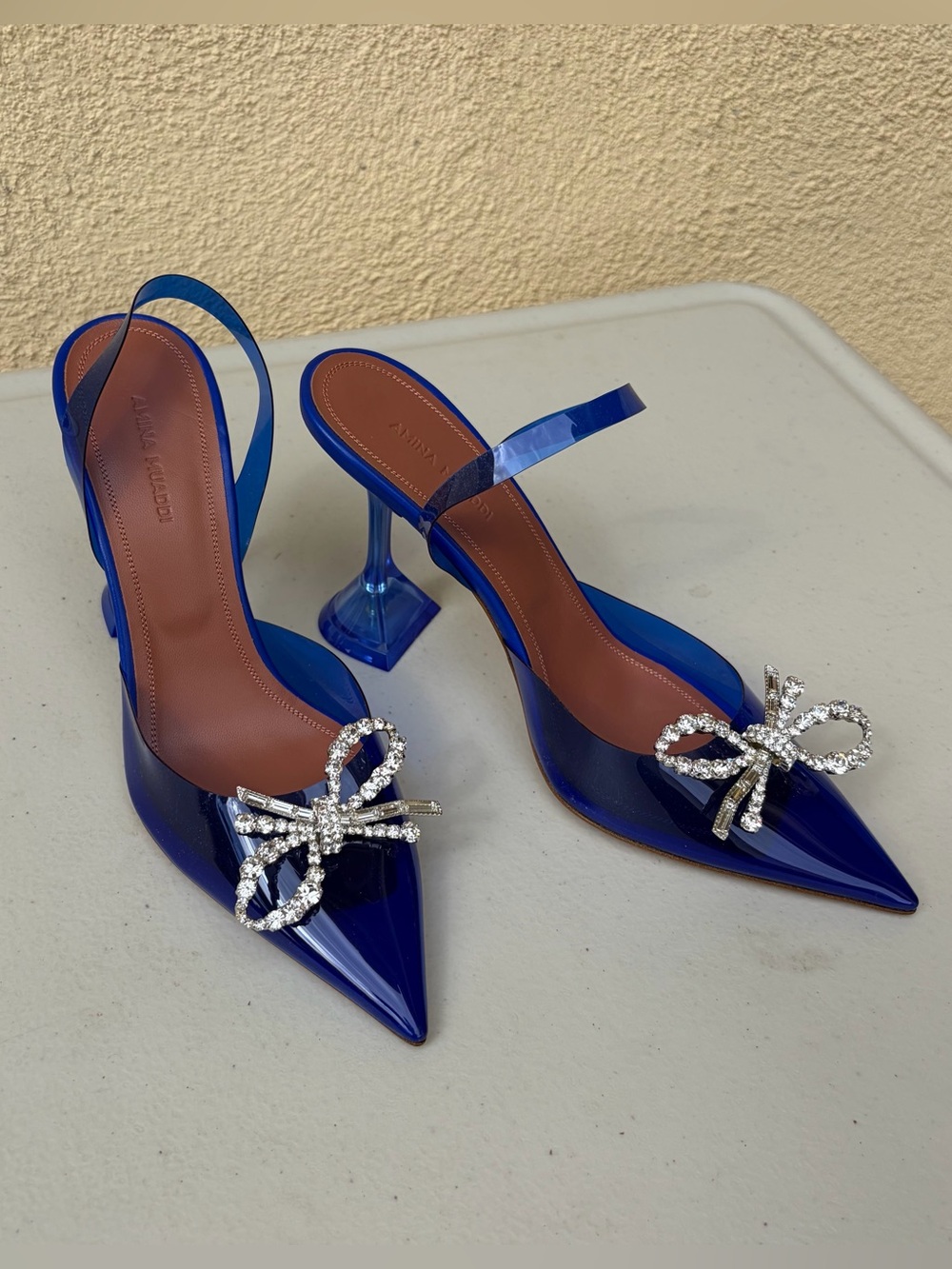 AMINA MUADDI Rosie Glass Sling 95mm Electric Blue PVC Crystal Bow Pumps EU38 US8